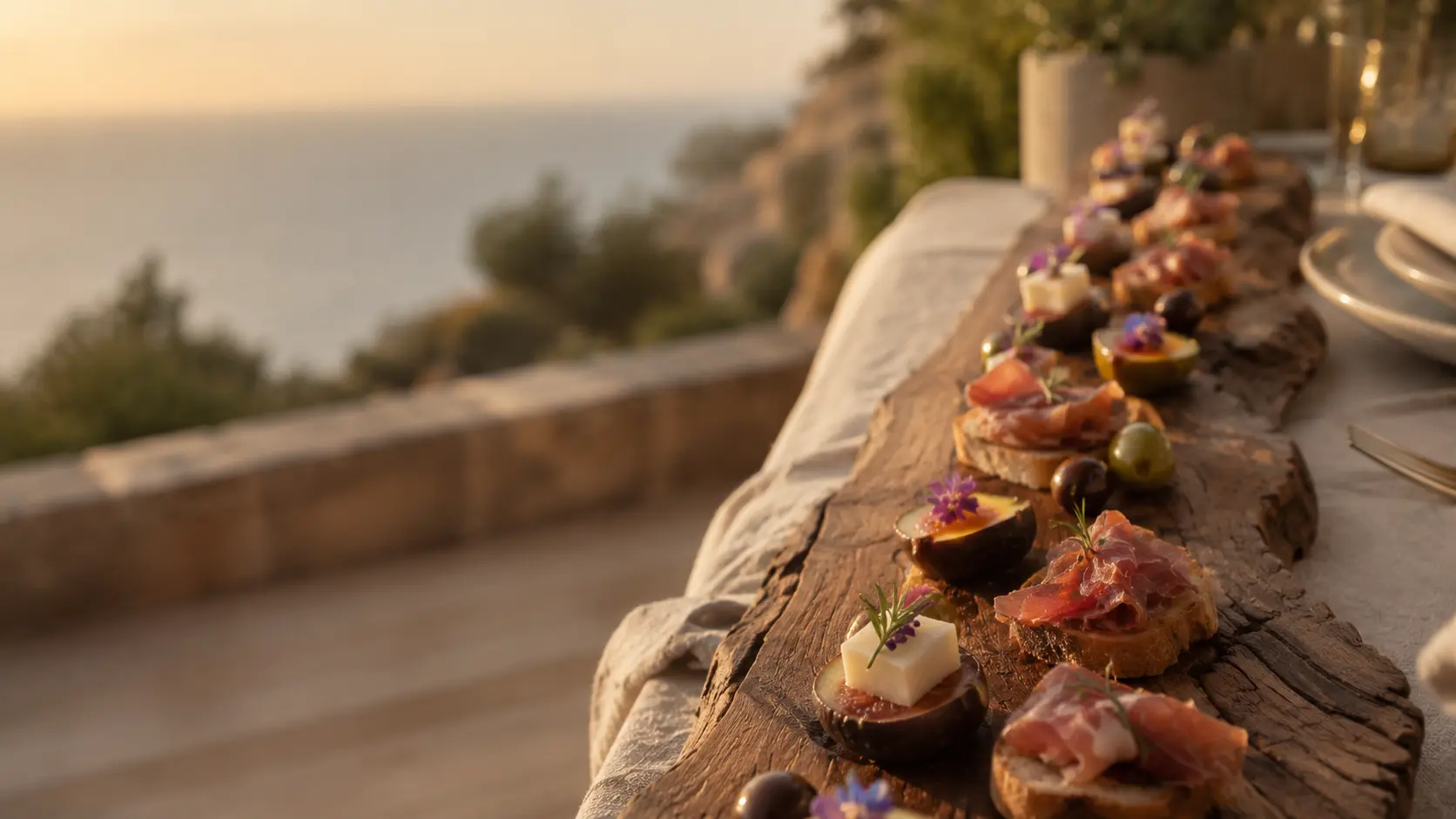 A buffet of Mediterranean small plates beautifully presented.