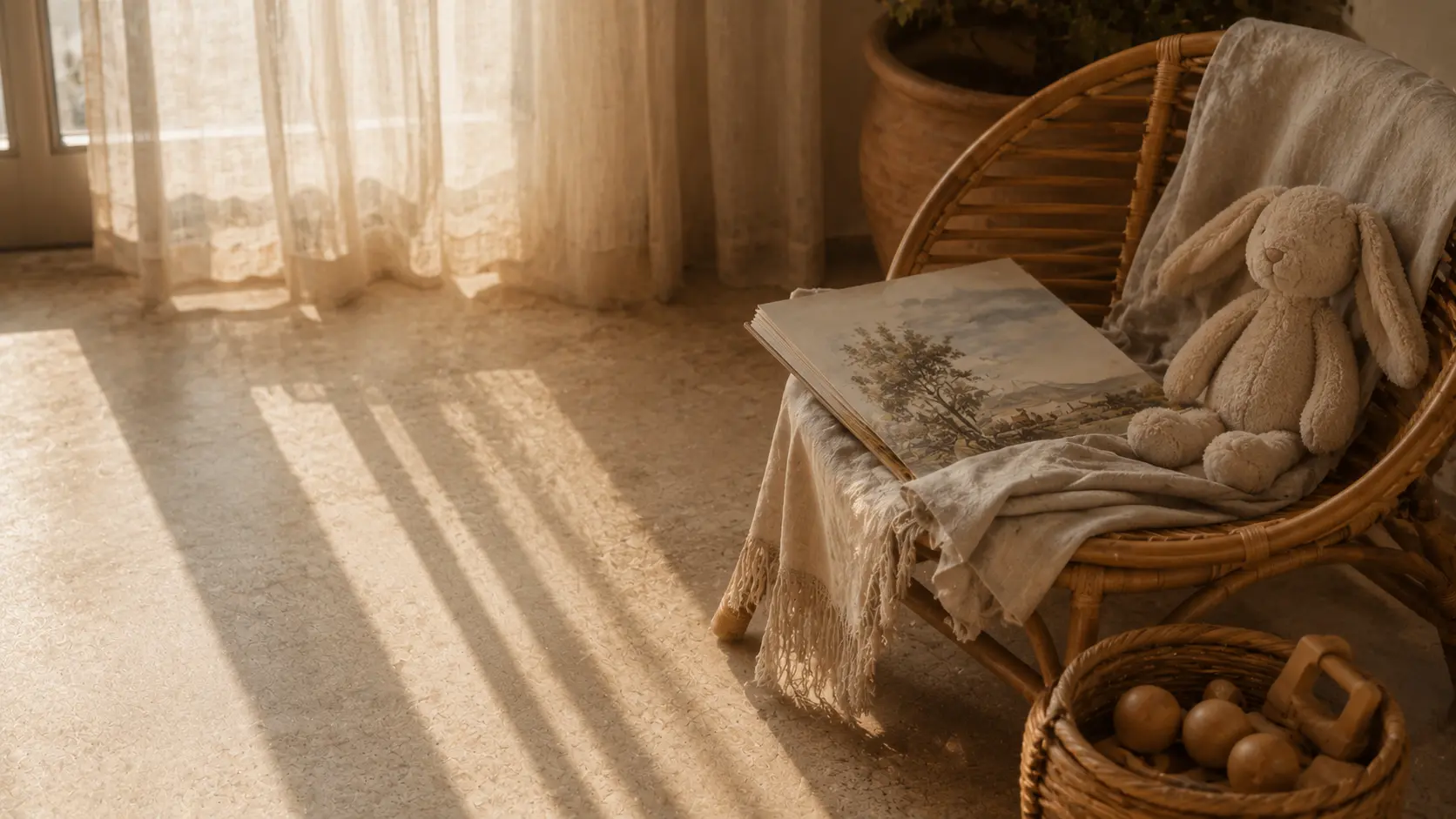 A nanny reading to a child in a sunlit Mallorcan home.