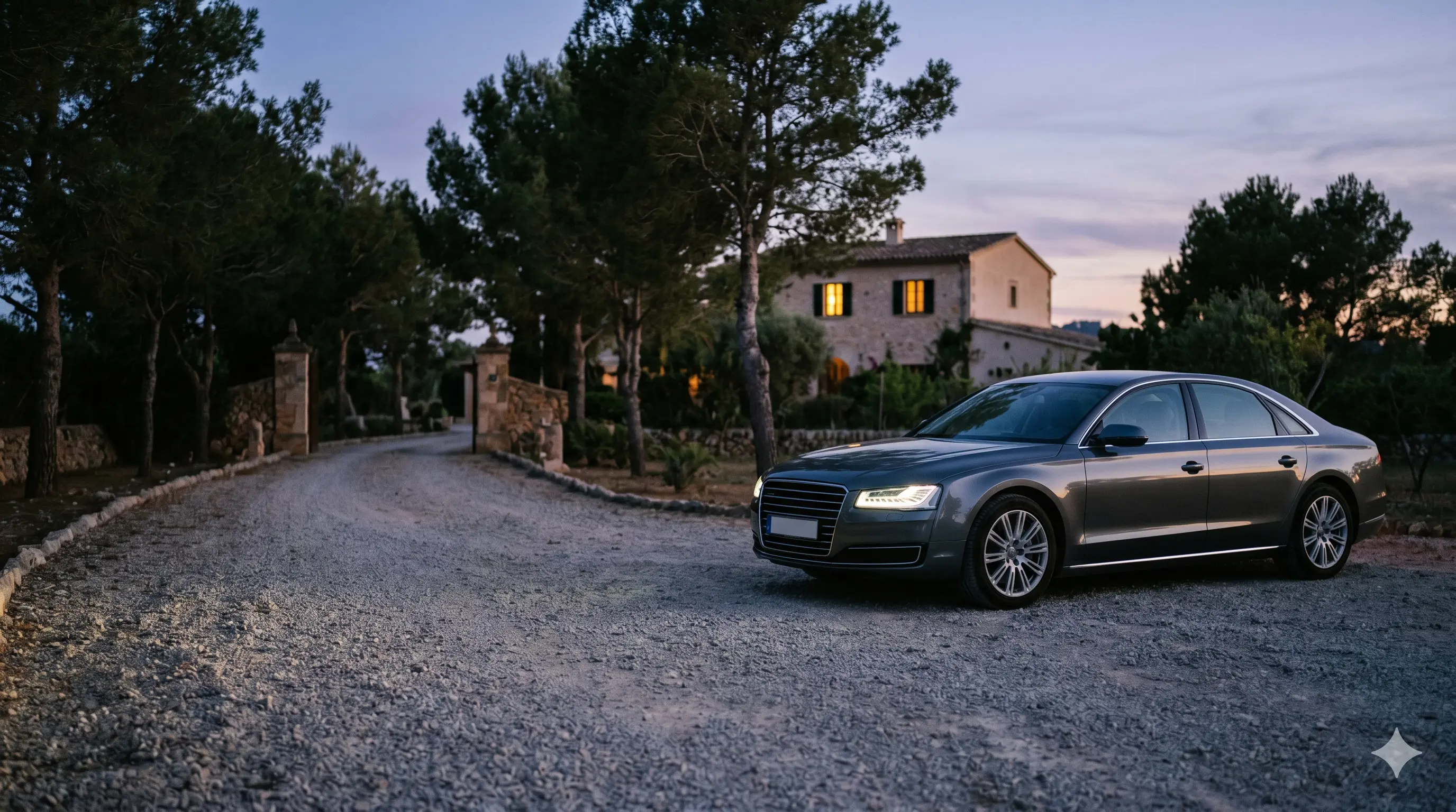 A polished sedan waiting at the entrance of a Mallorcan estate.