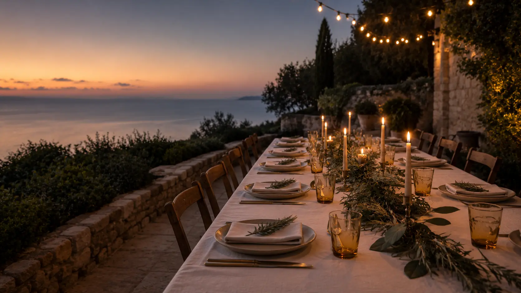 An elegantly set garden table at dusk on a Mallorcan terrace.