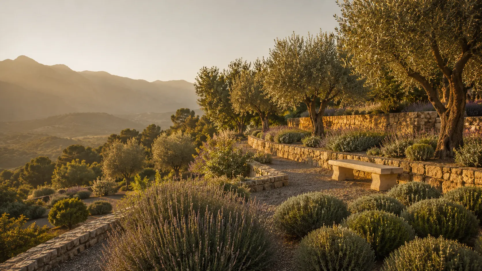 A terraced Mallorcan garden with olives and lavender.
