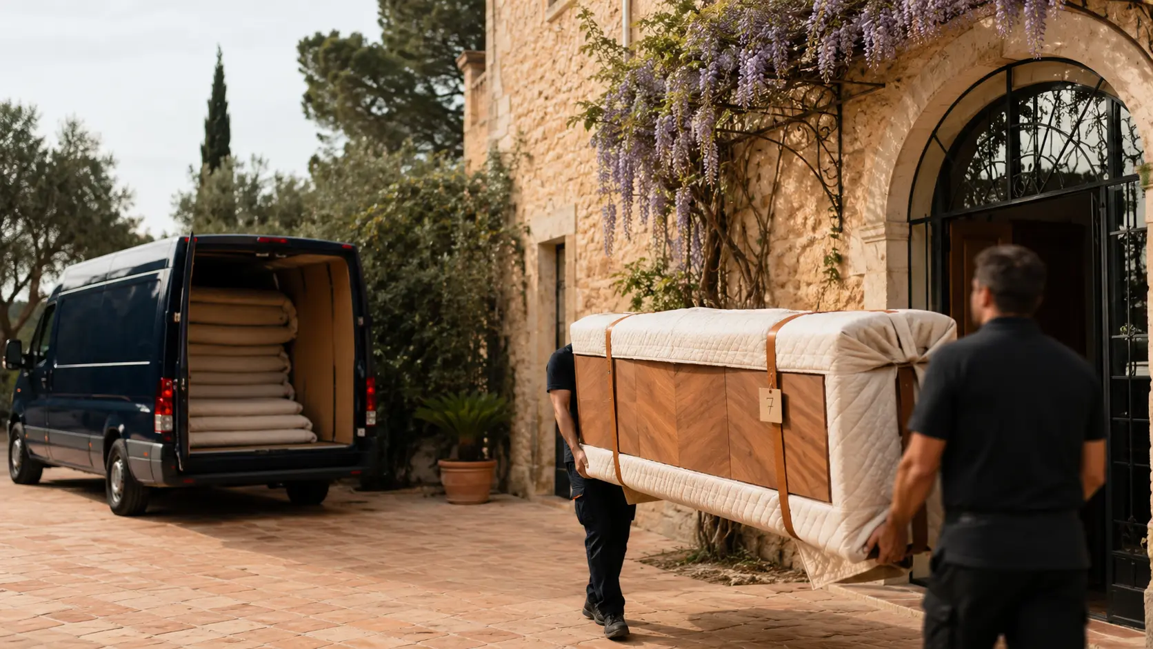 A moving crew carrying wrapped furniture into a Mallorcan stone villa.