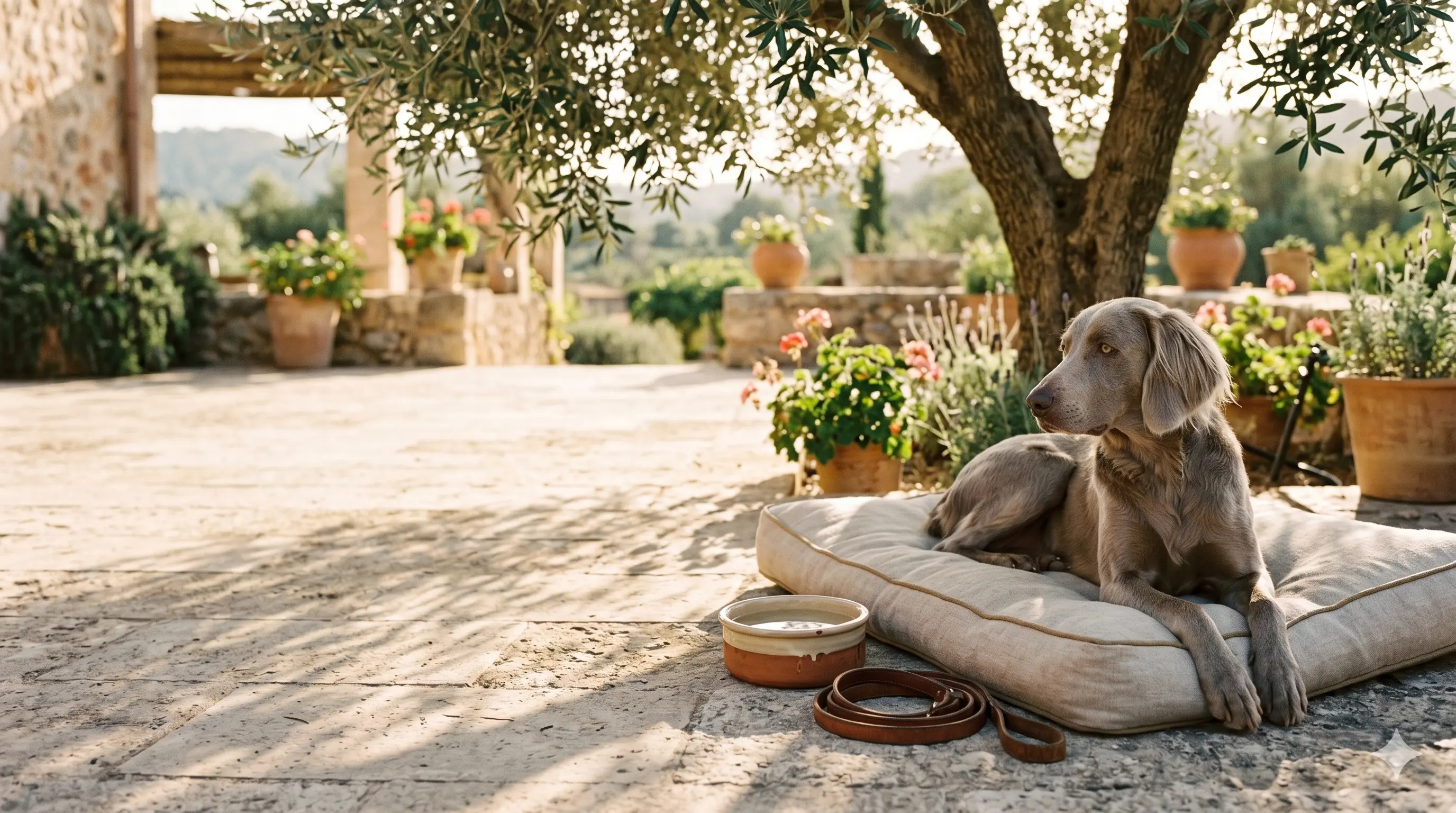 A well-cared-for dog on a sunlit Mallorcan terrace.