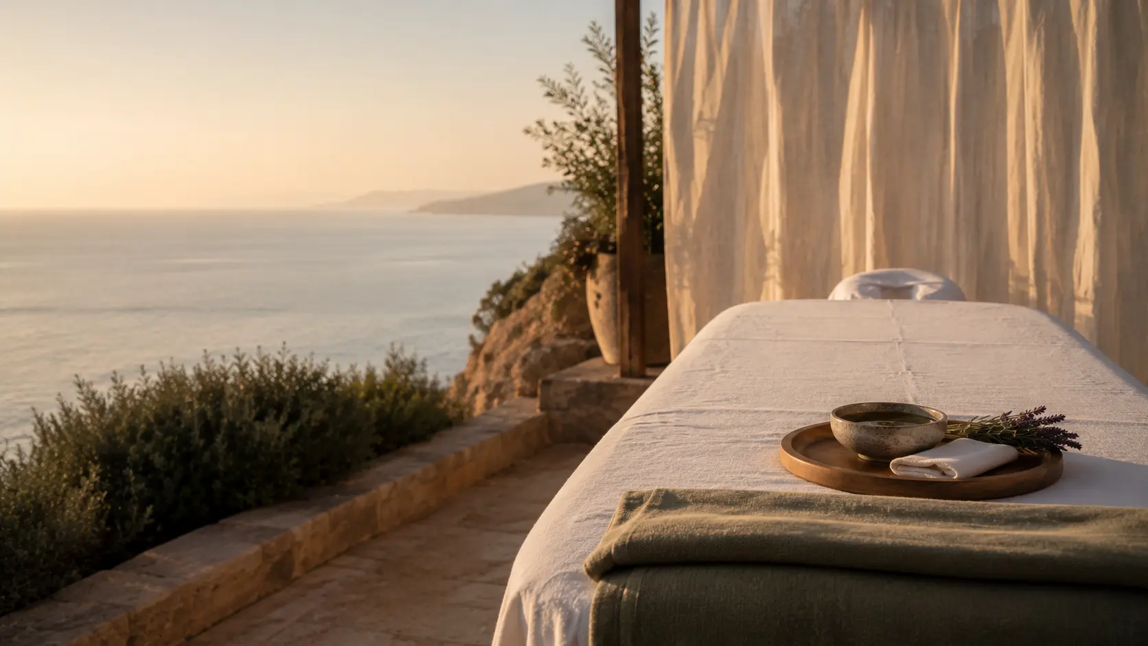 A massage table set with linen on a sunlit Mallorcan terrace.